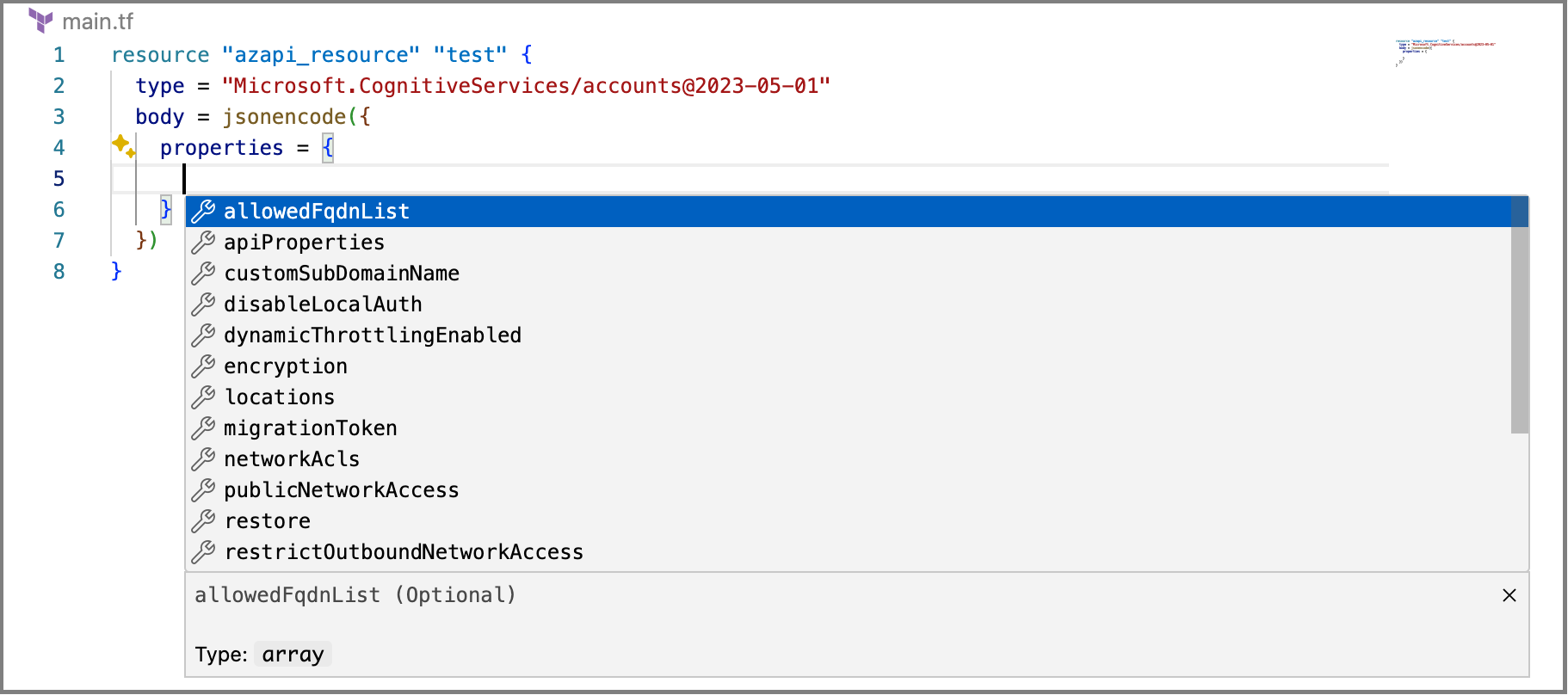 Screenshot showing autocomplete for allowed property names and values in an azapi_resource body.