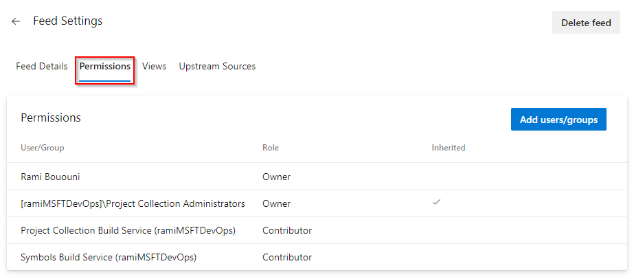 A screenshot displaying how to add a build identity to the feed permissions.