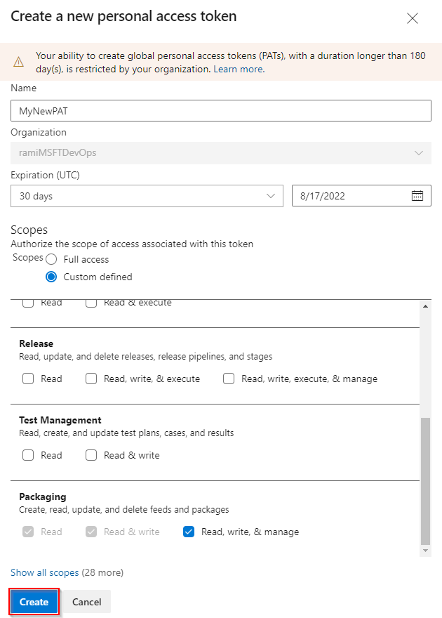 A screenshot showing how to set up a new personal access token.