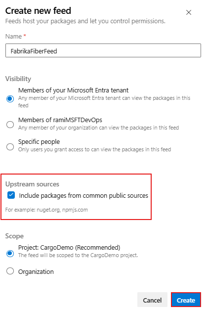 A screenshot displaying how to create a new feed and enable upstream sources in Azure Artifacts.