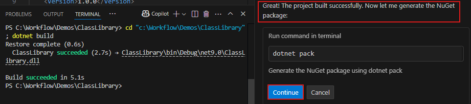 A screenshot showing prompt asking for confirmation to generate the NuGet package.