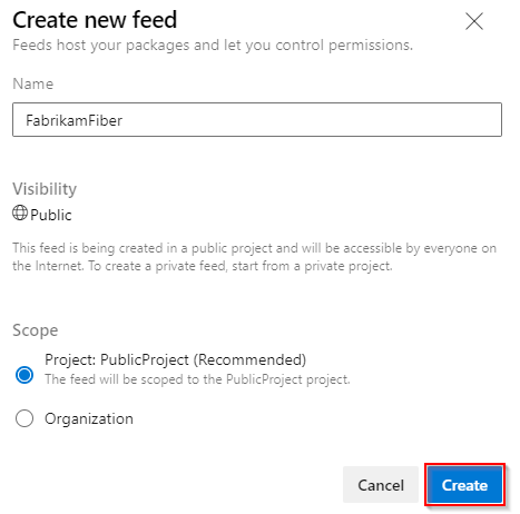 A screenshot displaying how to create a new public feed in Azure DevOps Services.