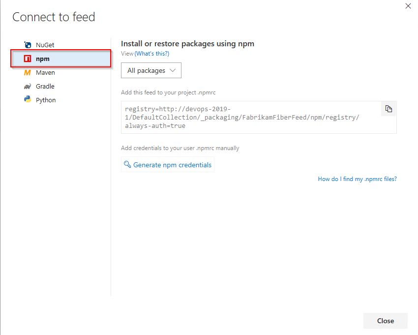 A screenshot that shows how to set up an npm project and connect to an Azure Artifacts feed in Azure DevOps Server 2019.