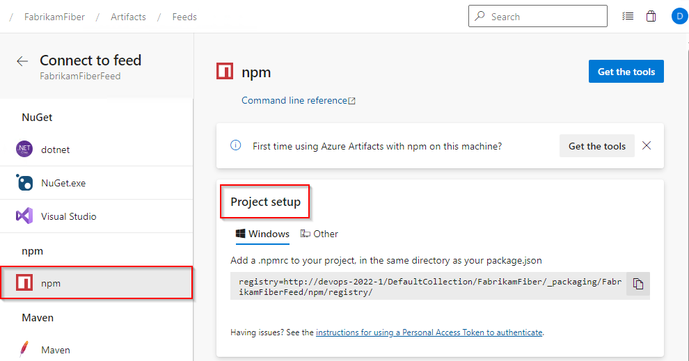 A screenshot showing how to set up your npm project in Azure DevOps Server 2022.1.