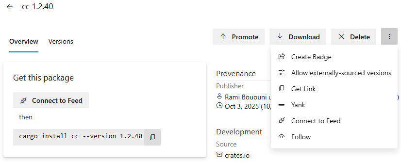A screenshot displaying how to follow promoted packages in Azure Artifacts.