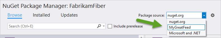 A screenshot showing how to select your package source in Visual Studio.
