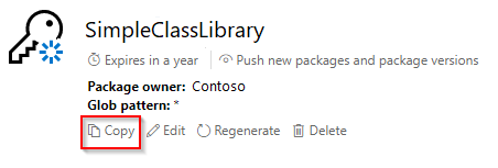 Screenshot of NuGet.org showing the generated API key and the Copy action used to save it securely.
