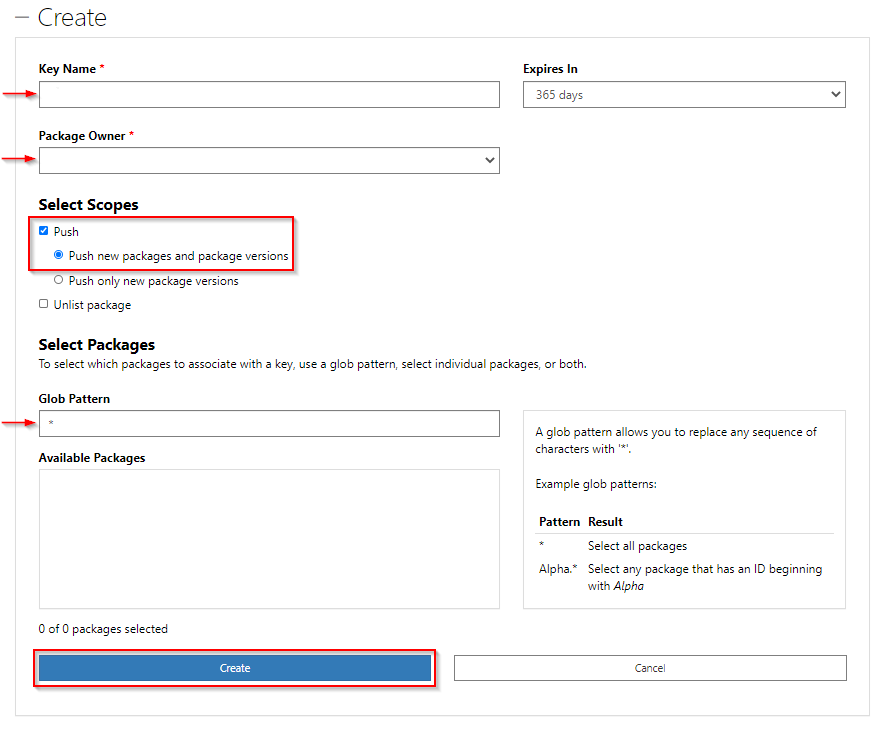 Screenshot of the NuGet.org Create API key page with scope and package pattern fields configured for package publishing.