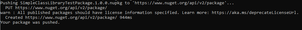 Screenshot of command prompt output confirming the dotnet nuget push command successfully published the package.