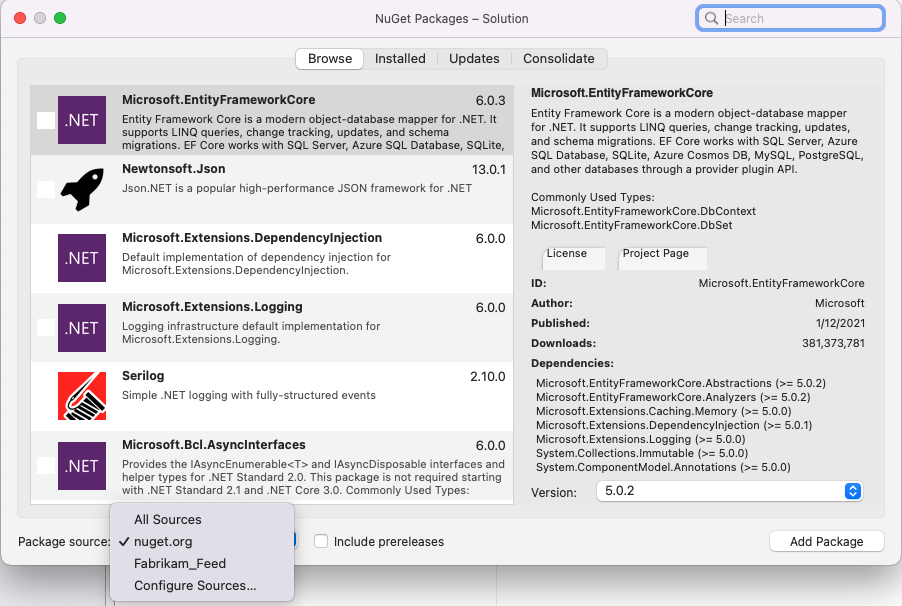 Screenshot showing how to search for packages in Visual Studio for Mac.