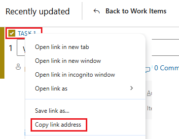 Screenshot for Copy hyperlink for a work item from web portal.