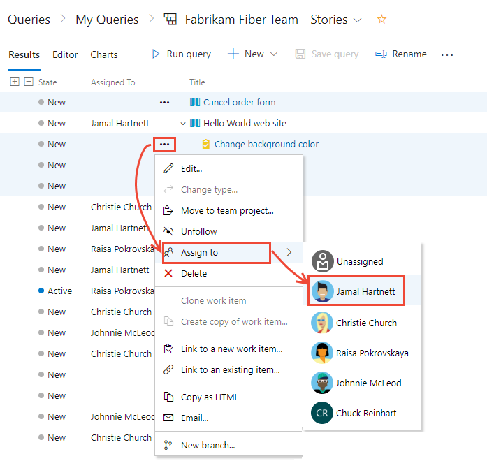 Screenshot of Query Results page context menu with Assign to and Move to iteration highlighted.
