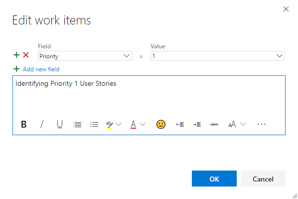Screenshot of Edit work items dialog with a field selected and a value entered.
