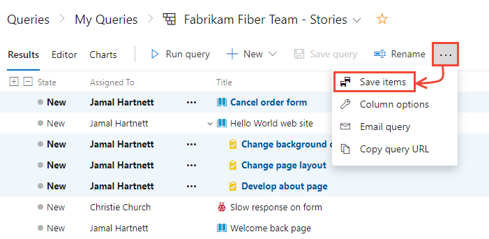 Screenshot of Query results page with Save items highlighted.