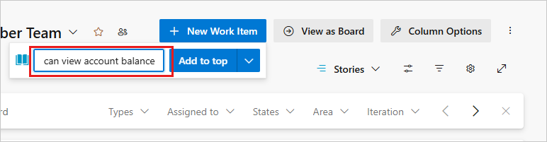 Screenshot to Add a work item.