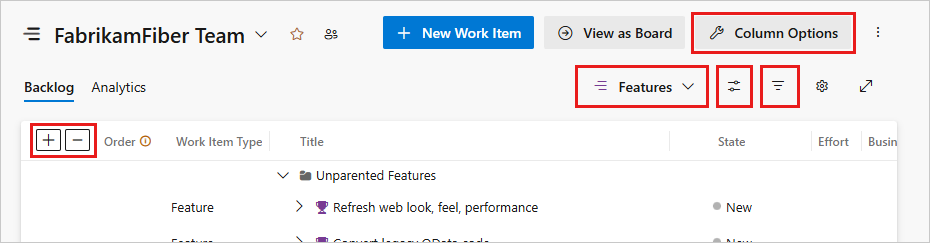 Screenshot showing the four types of Backlog configuration tool options.