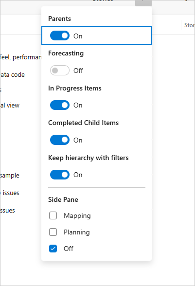 Screenshot of View options menu, Azure DevOps Services.