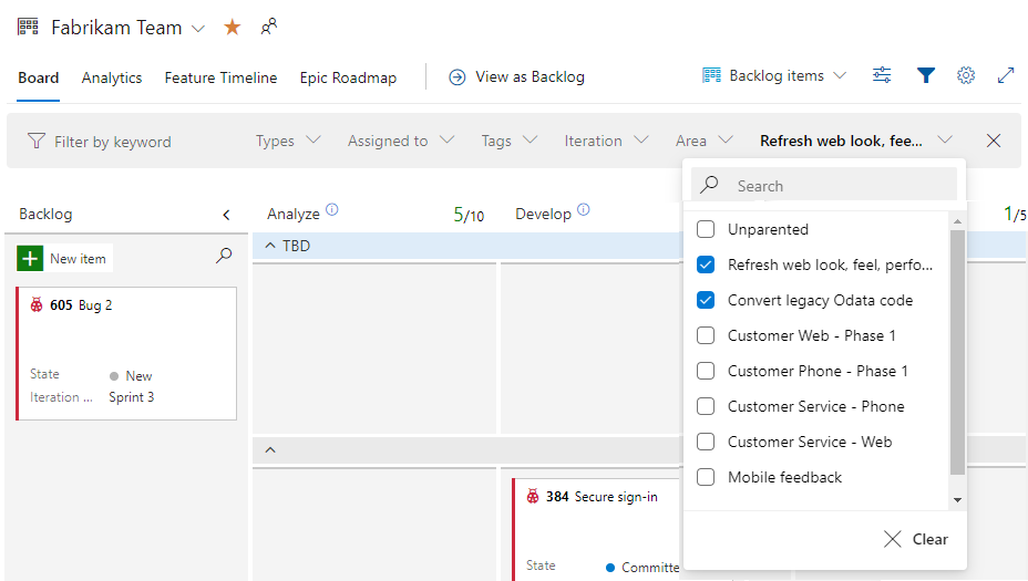 Screenshot of Kanban board, Filter on Parent field.