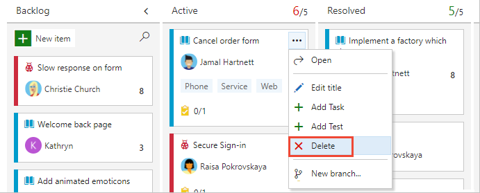 Screenshot of Kanban board card context menu, choose Delete.