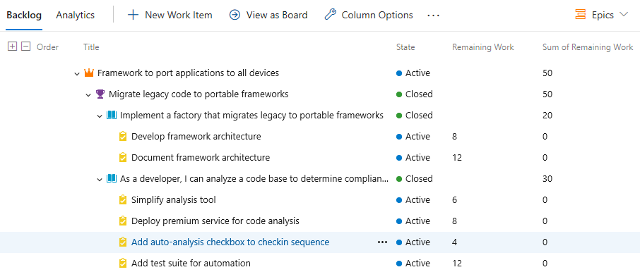 Screenshot showing Sum of Remaining Work rollup column.