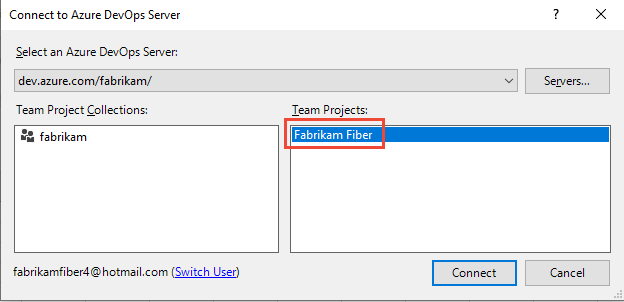 Screenshot of the Connect to Azure DevOps dialog with a project selected.