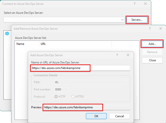 Screenshot of the Add/Remove Team Foundation Server dialog with a cloud organization URL entered.