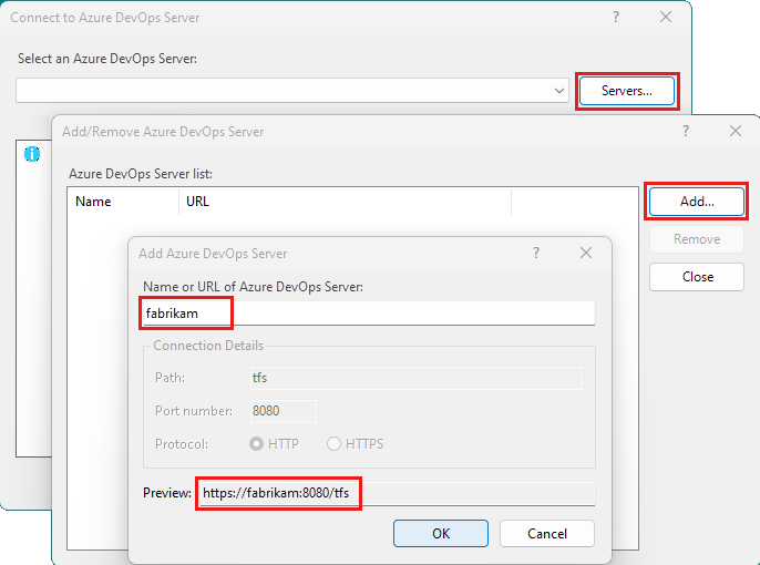 Screenshot of the Add Team Foundation Server dialog with on-premises server details entered.