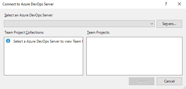 Screenshot of the Connect to Azure DevOps Server dialog listing available servers.