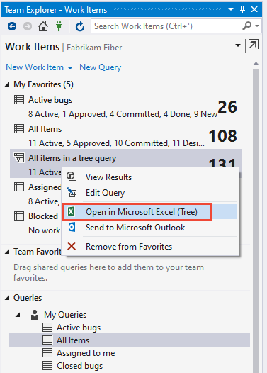 Screenshot of a Team Explorer query context menu with Open in Microsoft Excel highlighted.
