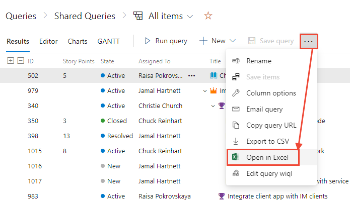 Screenshot that shows the query results context menu with the Open in Excel command highlighted.