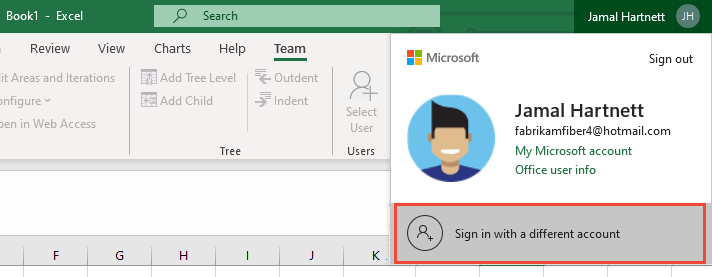 Screenshot that shows the account name menu in Excel for signing in as another user.