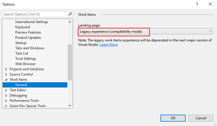 Screenshot of the Visual Studio Options dialog with Work Items > General > Legacy experience selected.