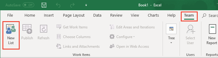 Screenshot that shows the New List button on the Excel Team ribbon.