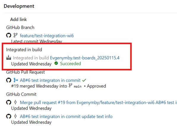 Screenshot of work item showing the Integrated in build link in the Development section.
