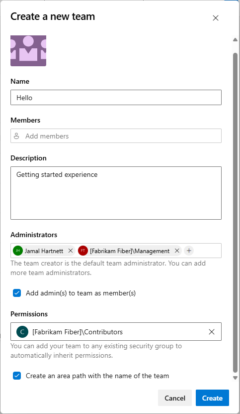 Screenshot that shows creating a team.
