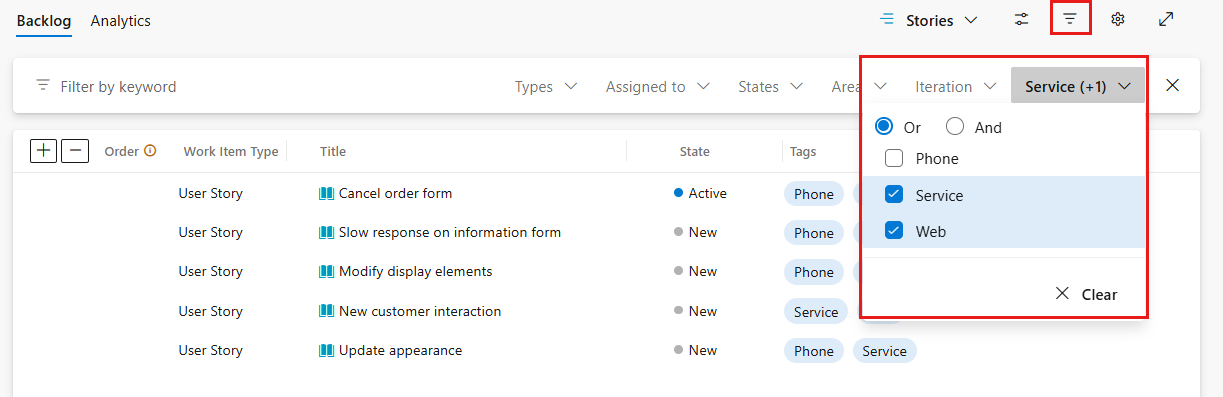 Screenshot shows the Product backlog filtered by tags.