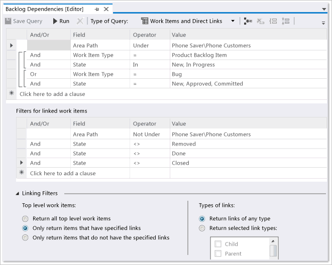 Screenshot that shows a dependent links query in Visual Studio.