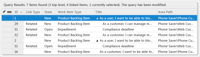 Screenshot that shows direct links query results in Visual Studio.