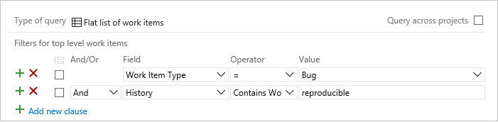 Screenshot that shows the Query Editor searching the History field.