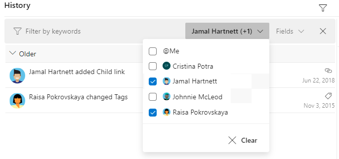 Screenshot of Work item form, History tab, Filter by who made updates.