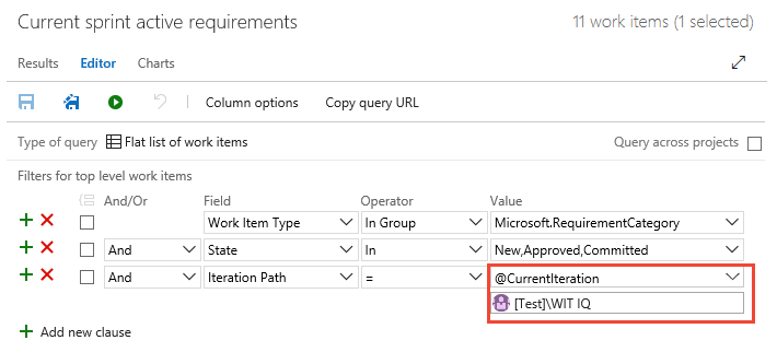 Screenshot that shows the Query Editor filter using the CurrentIteration macro with a team parameter.
