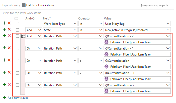 Screenshot that shows CurrentIteration plus and minus clauses for a sliding window of sprints.