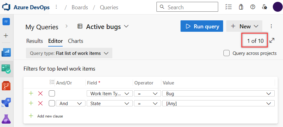 Screenshot that shows a query for bugs in any state with the work item count summary.