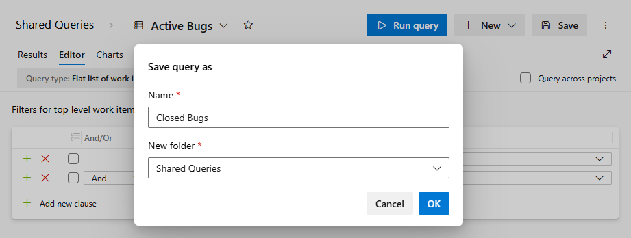 Screenshot of Save As query dialog in Boards.