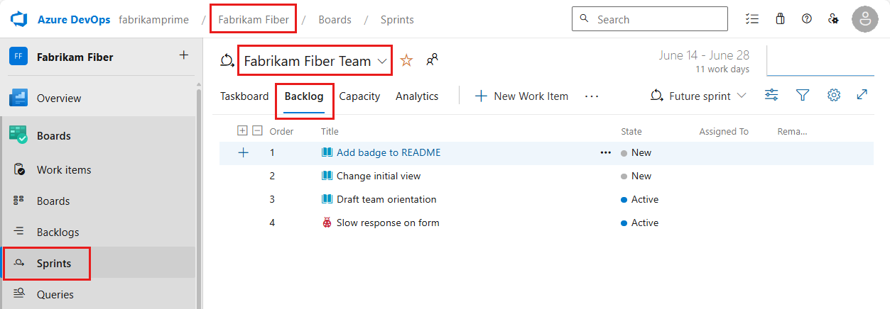 Screenshot shows sprint backlog page for a team.