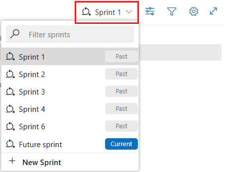 Screenshot shows sprint selector dropdown menu.