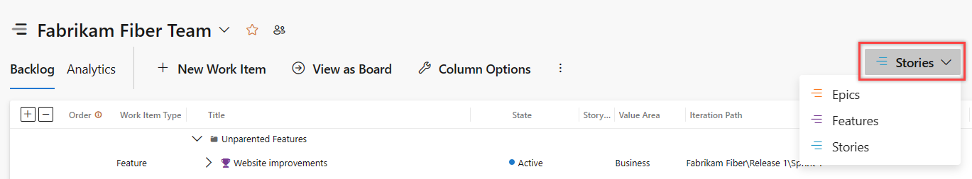 Screenshot shows Choose product backlog level, Backlog items, Stories, or Requirements dropdown menu.