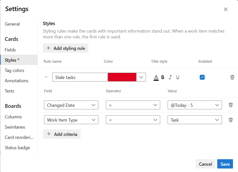 Screenshot of a stale tasks style rule in the Styles dialog.