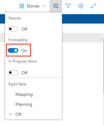 Screenshot shows Boards, Backlog, view options menu, Forecast on sequence.