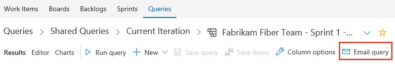 Screenshot shows the email icon on a sprint backlog query.